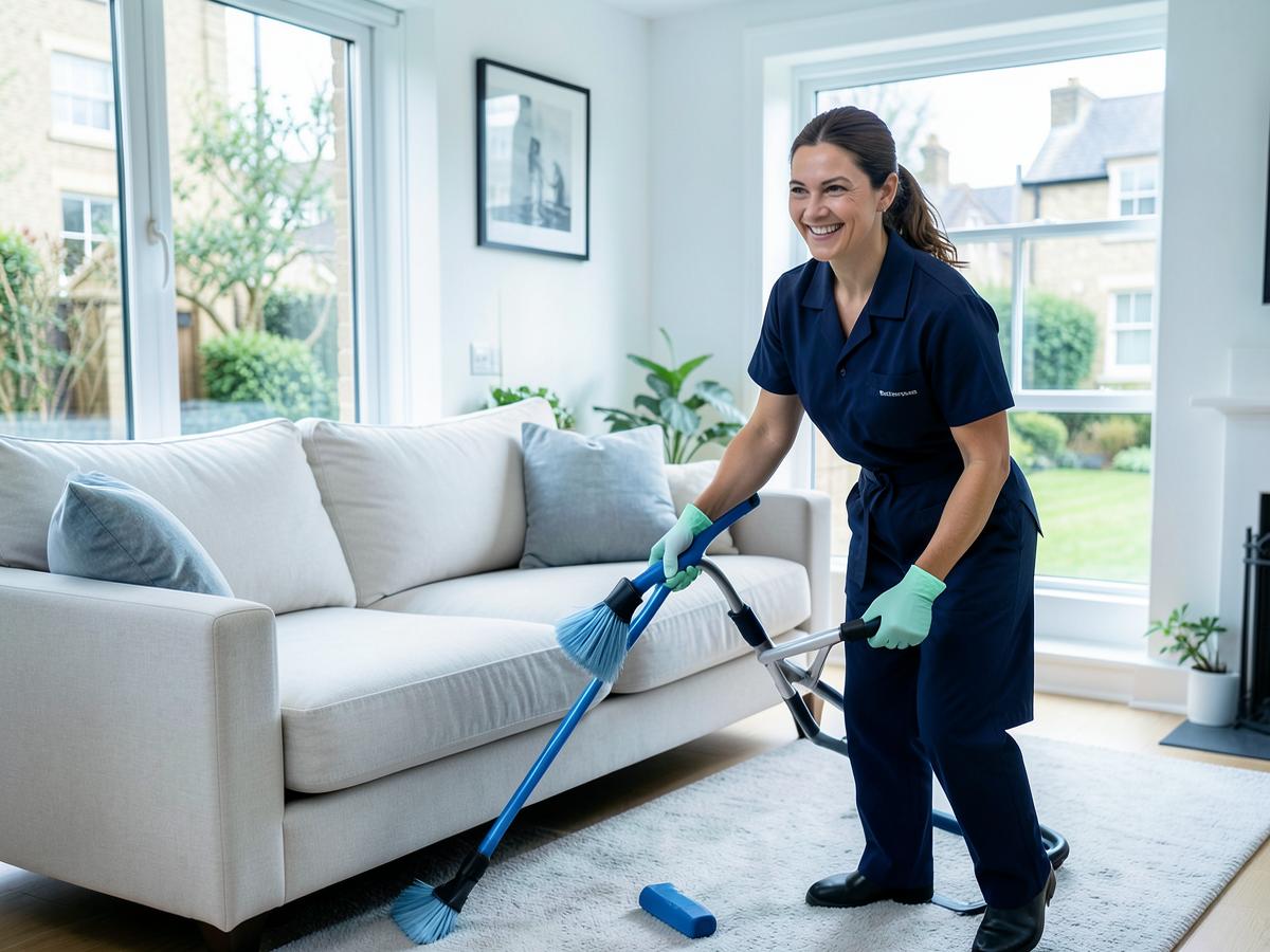 Professional cleaner caring for a modern living room
